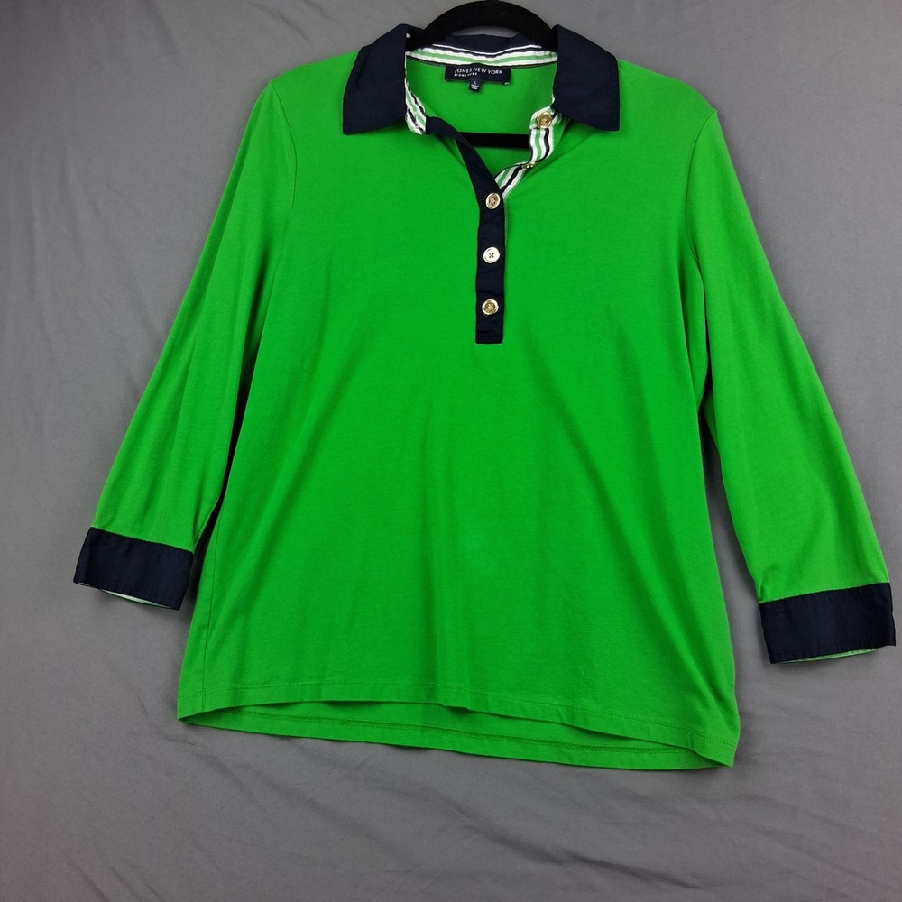 Jones New York Signature Womens Green Navy Long Sleeve Polo Shirt Gold Buttons L